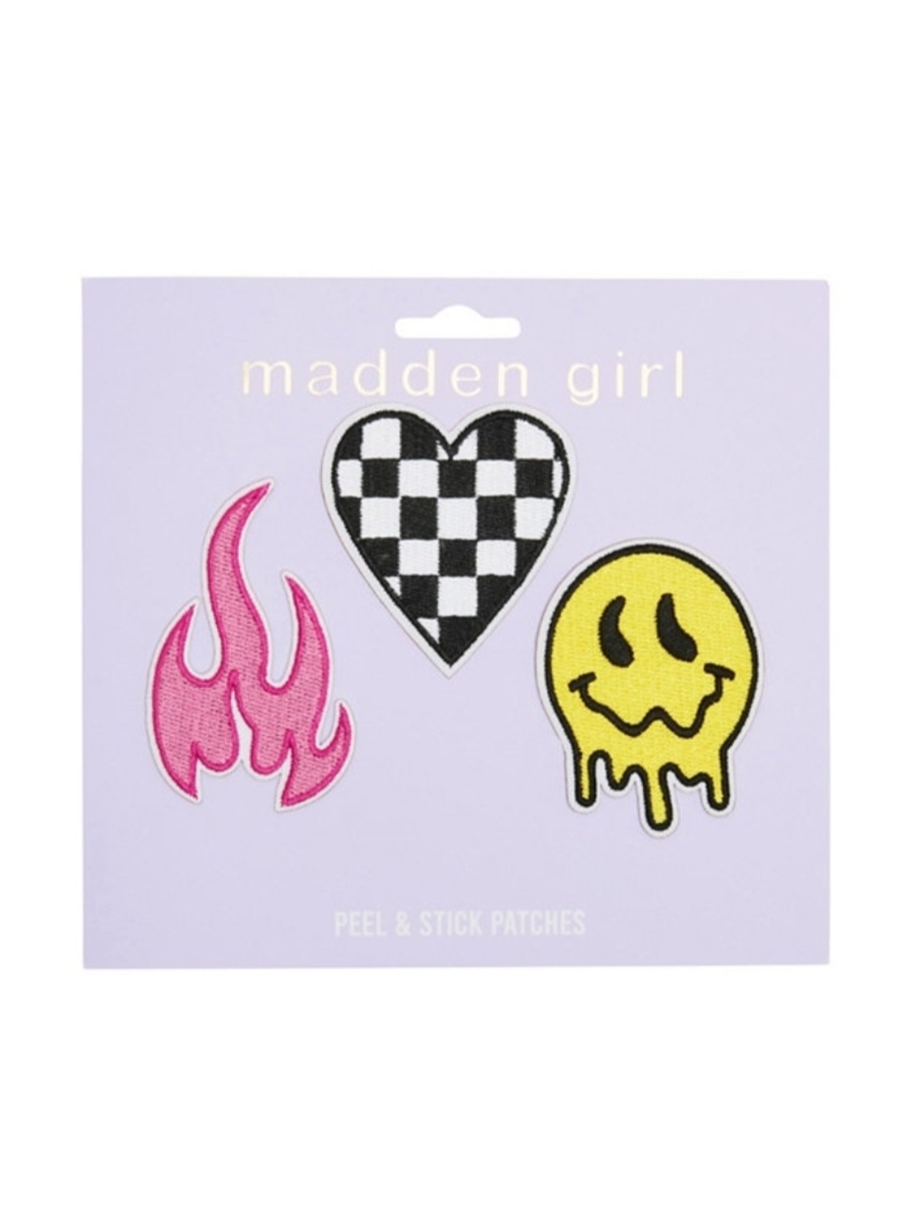 Madden Girl Pink Flame, Black Checkered Heart & Yellow Melting Smiley Patch Set